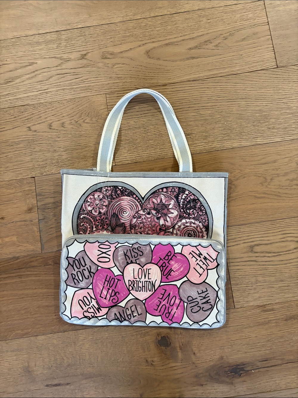 Brighton Pink Heart Canvas Tote with Conversation Hearts